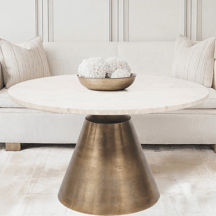 Libra Interiors Clifton II Coffee Table in Antique Brass and Travertine – Small [Pre-order (27/12)] - Belmont Interiors