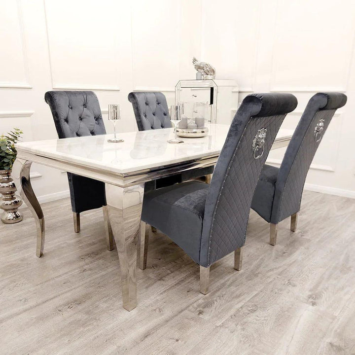 Louis 160cm White Marble Dining Table + Lucy Lion Slim Knocker Plush Velvet Chairs In 4 Colours