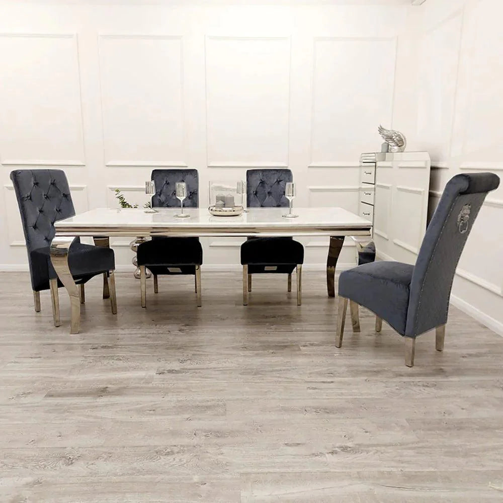 Louis 160cm White Marble Dining Table + Lucy Lion Slim Knocker Plush Velvet Chairs In 4 Colours