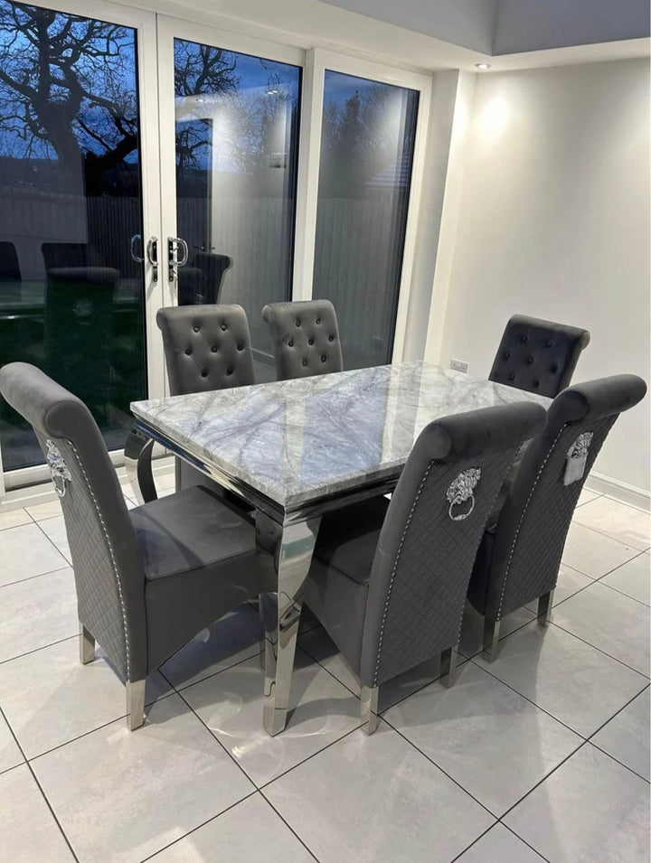 Louis 160cm Grey Marble Dining Table + Lucy Grey Lion Slim Knocker Plush Velvet Chairs