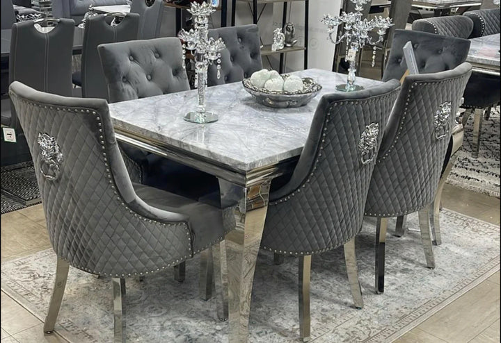 Louis 160cm Grey Marble Dining Table + Grey Lion Knocker Plush Velvet Chairs