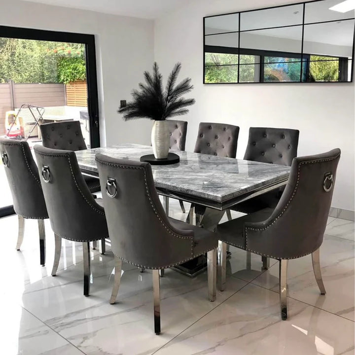 Arial Marble & Chrome Dining Table + Chrome Ring Knocker Velvet Chairs