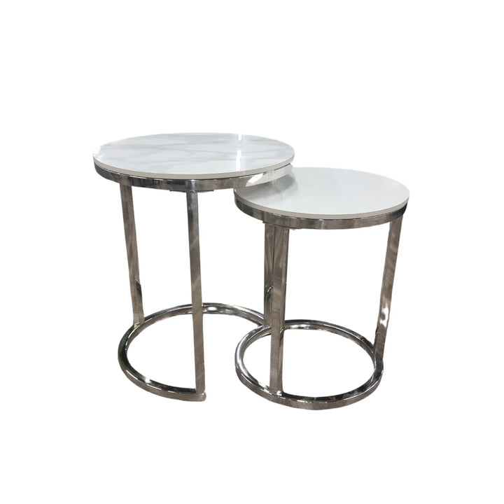 Cato Nest of 2 Tall Silver End Tables with Polar White Sintered Stone Top