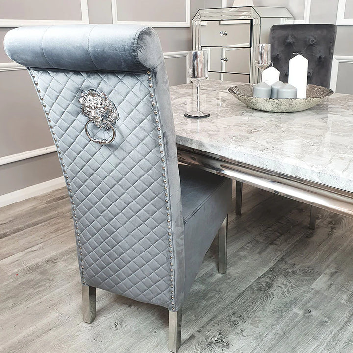 Louis 120cm Grey Marble Dining Table + Lucy Grey Lion Slim Knocker Plush Velvet Chairs - Belmont Interiors