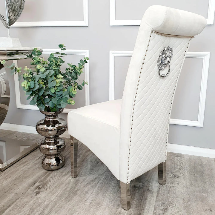 Louis 120cm Grey Marble Dining Table + Lucy Grey Lion Slim Knocker Plush Velvet Chairs - Belmont Interiors