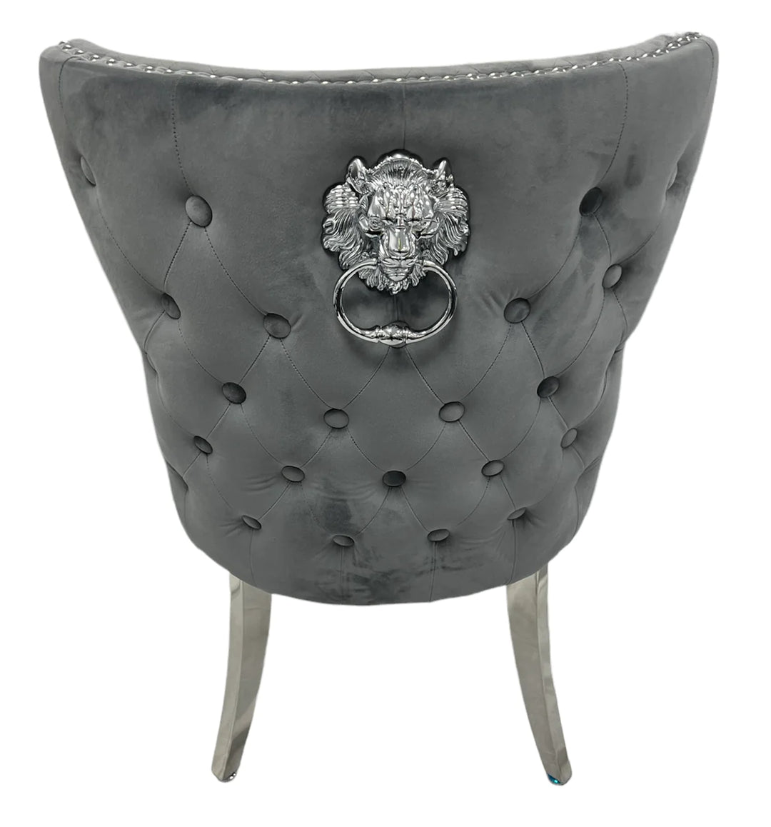 Chelsea 130cm Grey Marble Round Dining Table + Valente Grey Lion Button Chairs - Belmont Interiors