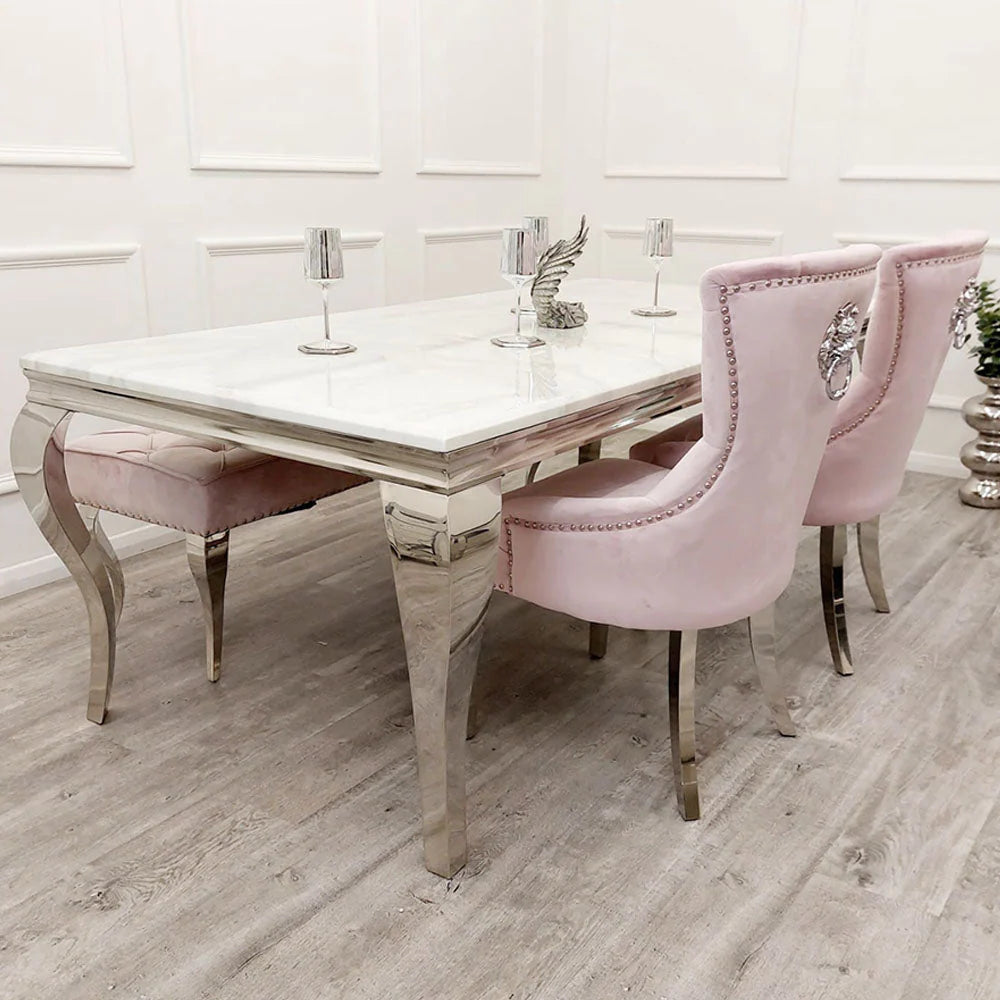 Louis Marble Dining Table + Pink Megan Chairs + Bench - Belmont Interiors