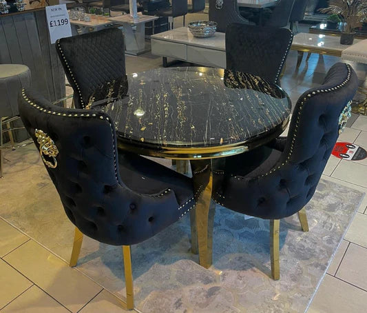 Louis Gold Round Black Marble 110cm Dining Table + Black Gold Lion Knocker Velvet Dining Chairs