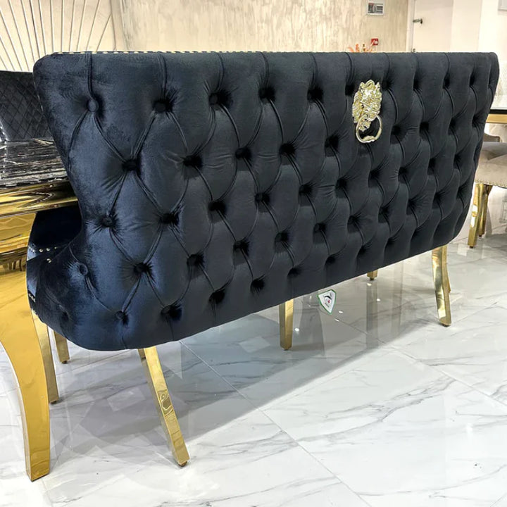 Valentino Gold Lion Knocker Quilted Tufted Black Plush Velvet 160cm Dining Bench - Belmont Interiors