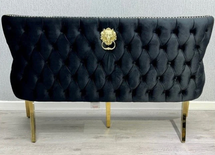 Valentino Gold Lion Knocker Quilted Tufted Black Plush Velvet 160cm Dining Bench - Belmont Interiors