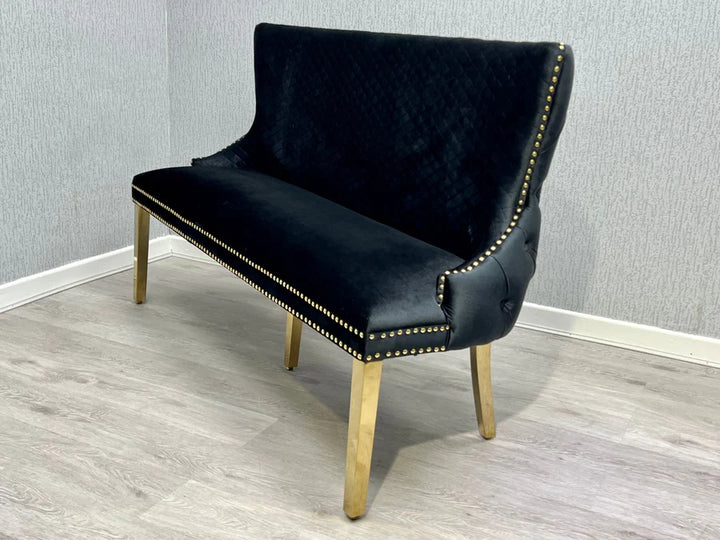 Valentino Gold Lion Knocker Quilted Tufted Black Plush Velvet 160cm Dining Bench - Belmont Interiors