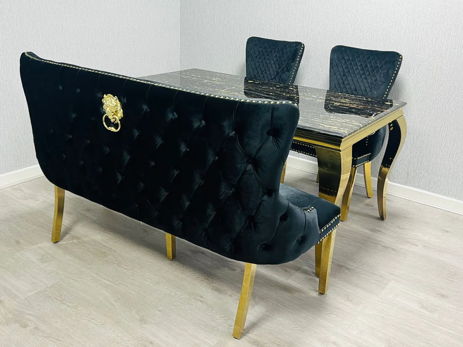 Valentino Gold Lion Knocker Quilted Tufted Black Plush Velvet 160cm Dining Bench - Belmont Interiors