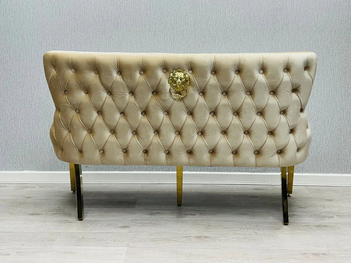 Valentino Gold Lion Knocker Quilted Tufted Cream Plush Velvet 160cm Dining Bench - Belmont Interiors