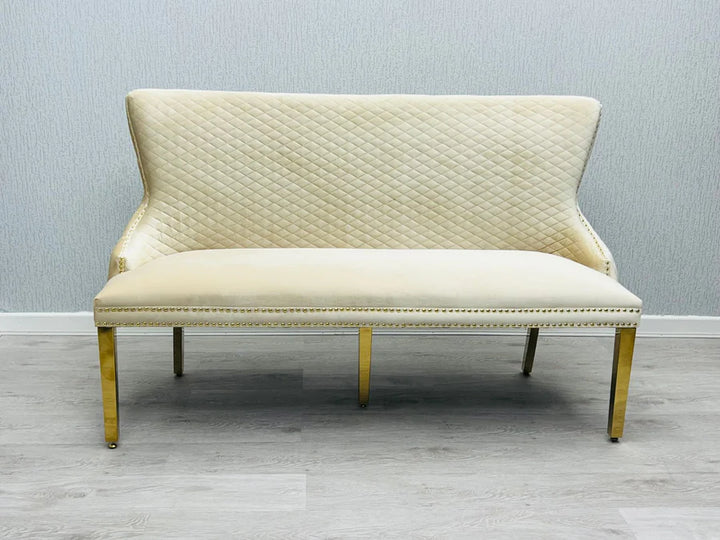 Valentino Gold Lion Knocker Quilted Tufted Cream Plush Velvet 160cm Dining Bench - Belmont Interiors