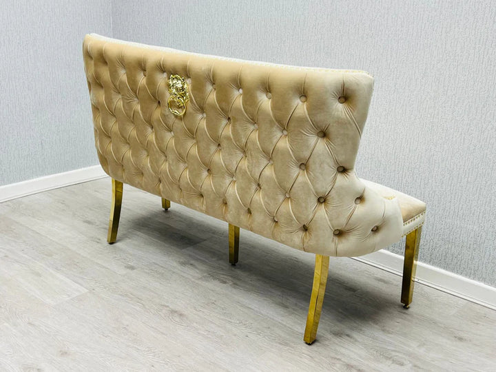 Valentino Gold Lion Knocker Quilted Tufted Cream Plush Velvet 160cm Dining Bench - Belmont Interiors