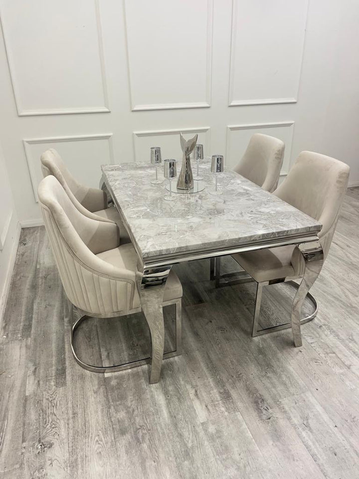 Louis Marble & Chrome Dining Table With Carlton Velvet Chairs - Belmont Interiors