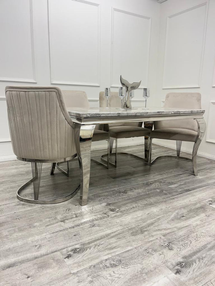 Louis Marble & Chrome Dining Table With Carlton Velvet Chairs - Belmont Interiors