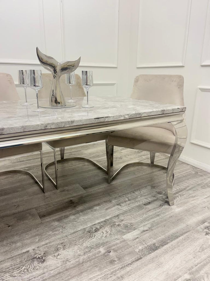 Louis Marble & Chrome Dining Table With Carlton Velvet Chairs - Belmont Interiors