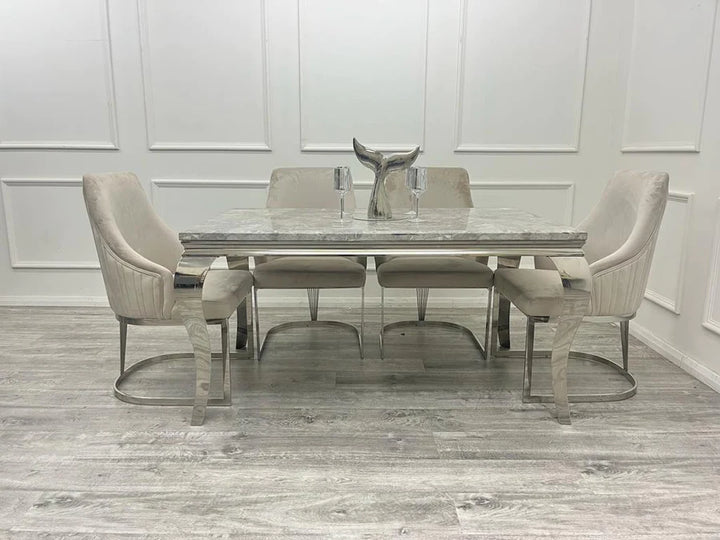 Louis Marble & Chrome Dining Table With Carlton Velvet Chairs - Belmont Interiors