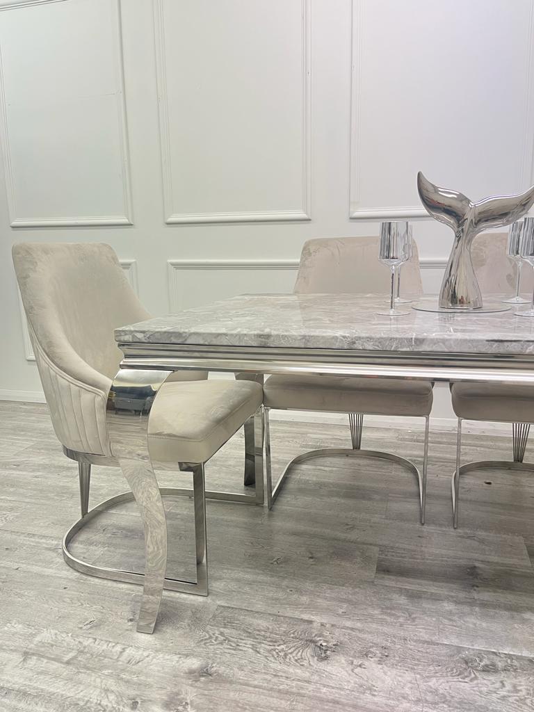 Louis Marble & Chrome Dining Table With Carlton Velvet Chairs - Belmont Interiors