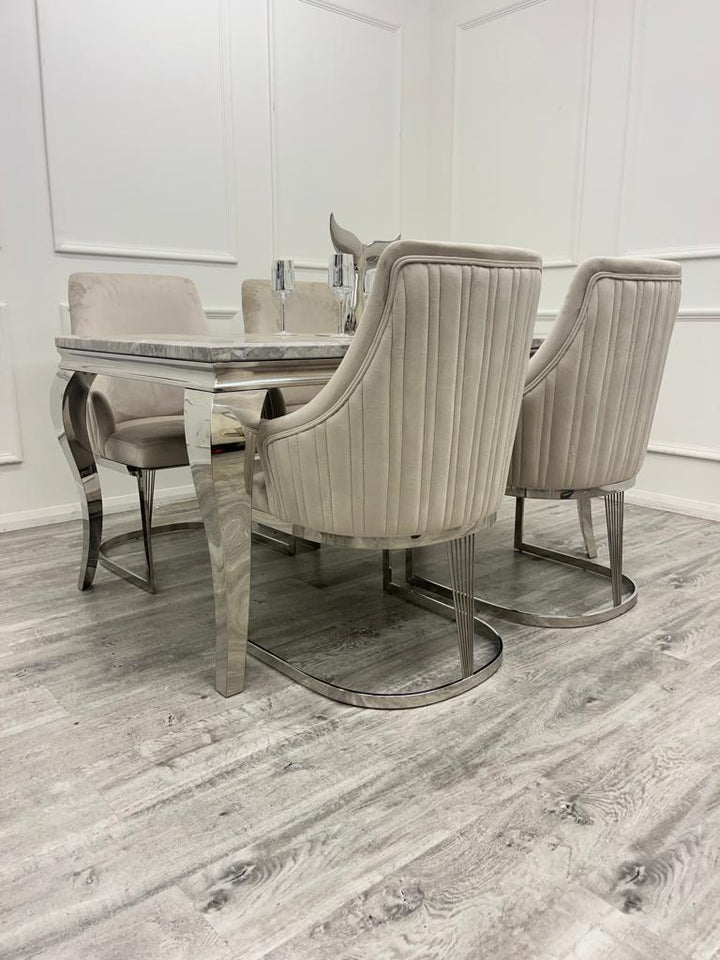 Louis Marble & Chrome Dining Table With Carlton Velvet Chairs - Belmont Interiors