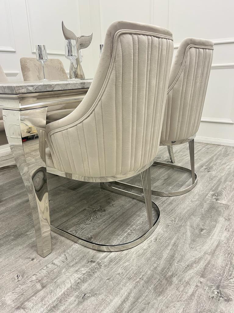 Louis Marble & Chrome Dining Table With Carlton Velvet Chairs - Belmont Interiors