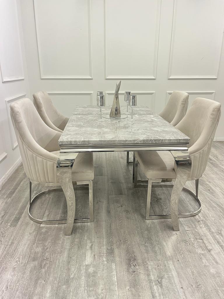 Louis Marble & Chrome Dining Table With Carlton Velvet Chairs - Belmont Interiors