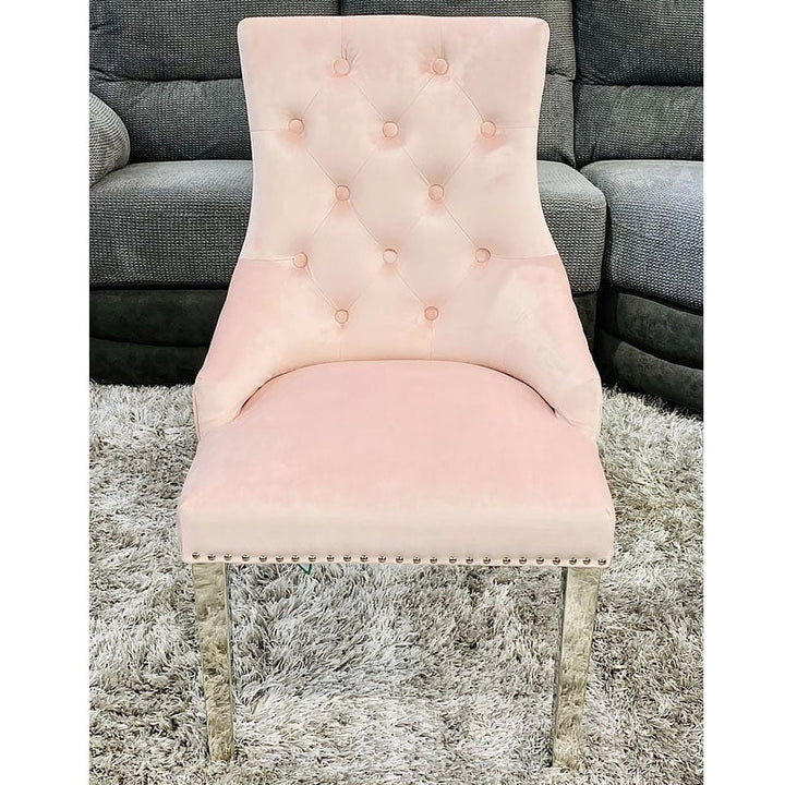 Majestic Lion Knocker Quilted Tufted Plush Velvet Dining Chair Chrome Legs - 10 Colours - Belmont Interiors