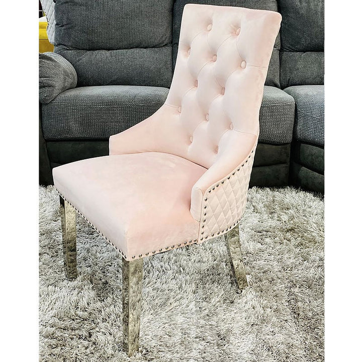 Majestic Lion Knocker Quilted Tufted Plush Velvet Dining Chair Chrome Legs - 10 Colours - Belmont Interiors