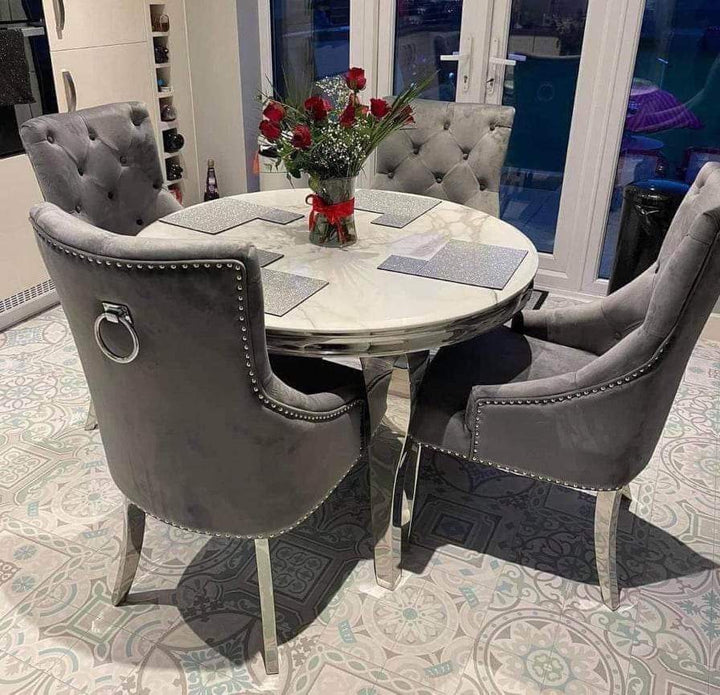 Louis Grey Marble 130CM Round Dining Table With Belle Lion Knocker Dining Chairs