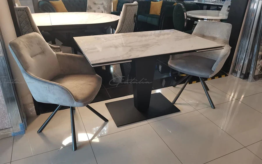 Valentina 120-180cm White Ceramic Marble Extending Table + Grey Velvet Swivel Dining Chairs - Belmont Interiors