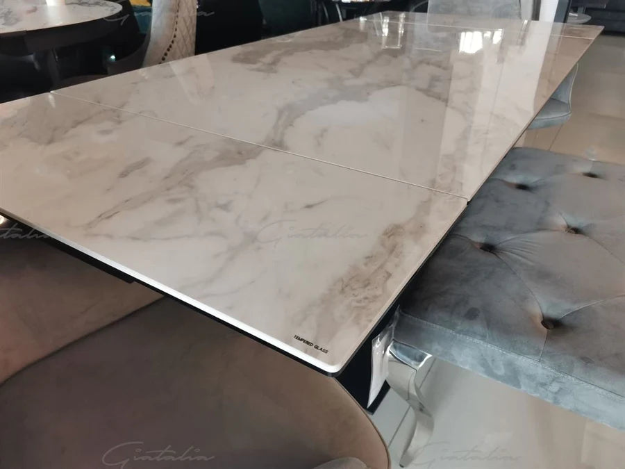 Valentina 120-180cm White Ceramic Marble Extending Table + Grey Velvet Swivel Dining Chairs - Belmont Interiors