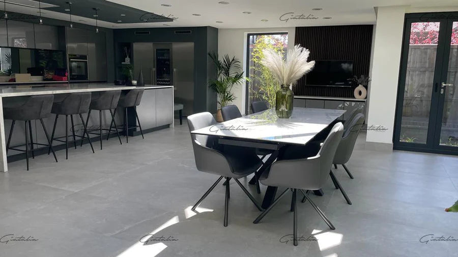 Valentina 120-180cm White Ceramic Marble Extending Table + Grey Velvet Swivel Dining Chairs - Belmont Interiors