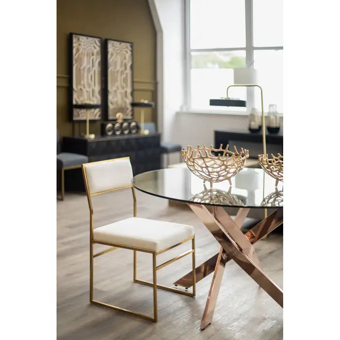 Rosella Round Glass Dining Table with Intersecting Rose Gold Legs - 130cm