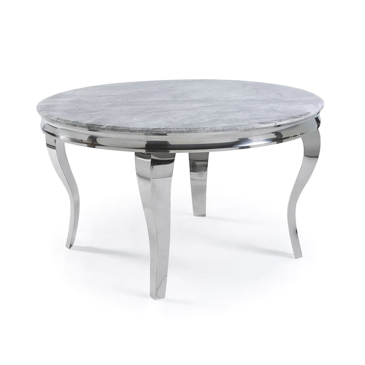 Louis 130cm Grey Marble Round Dining Table + Valente Grey Lion Button Chairs - Belmont Interiors