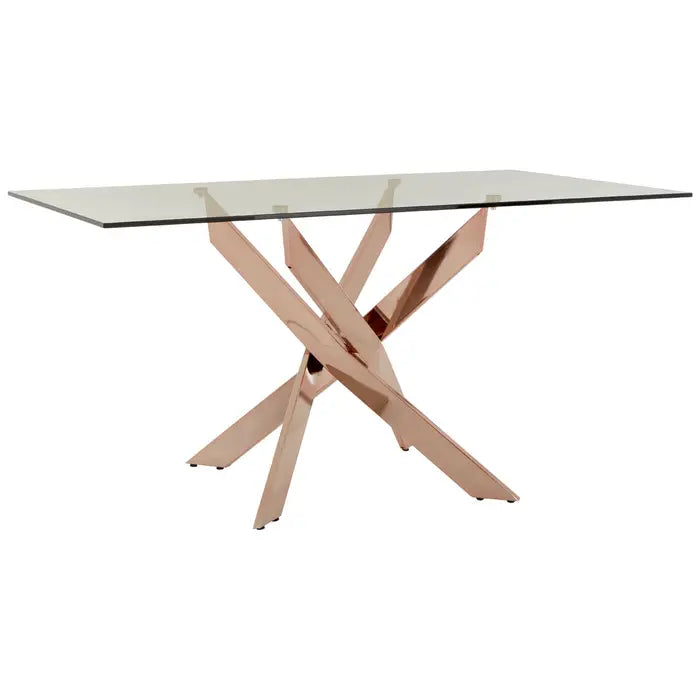 Rosella Glass Dining Table with Intersecting Rose Gold Legs - 150cm