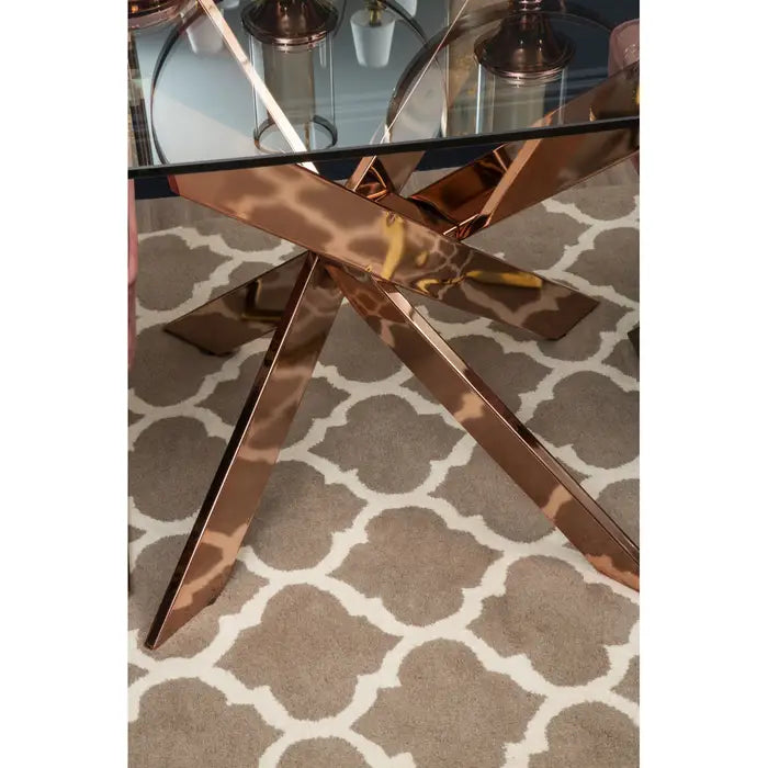 Rosella Glass Dining Table with Intersecting Rose Gold Legs - 150cm