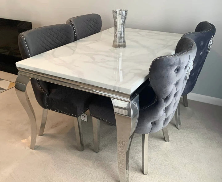 Louis 150cm White Marble Dining Table + Valente Dark Grey Lion Knocker Velvet Chairs - Belmont Interiors