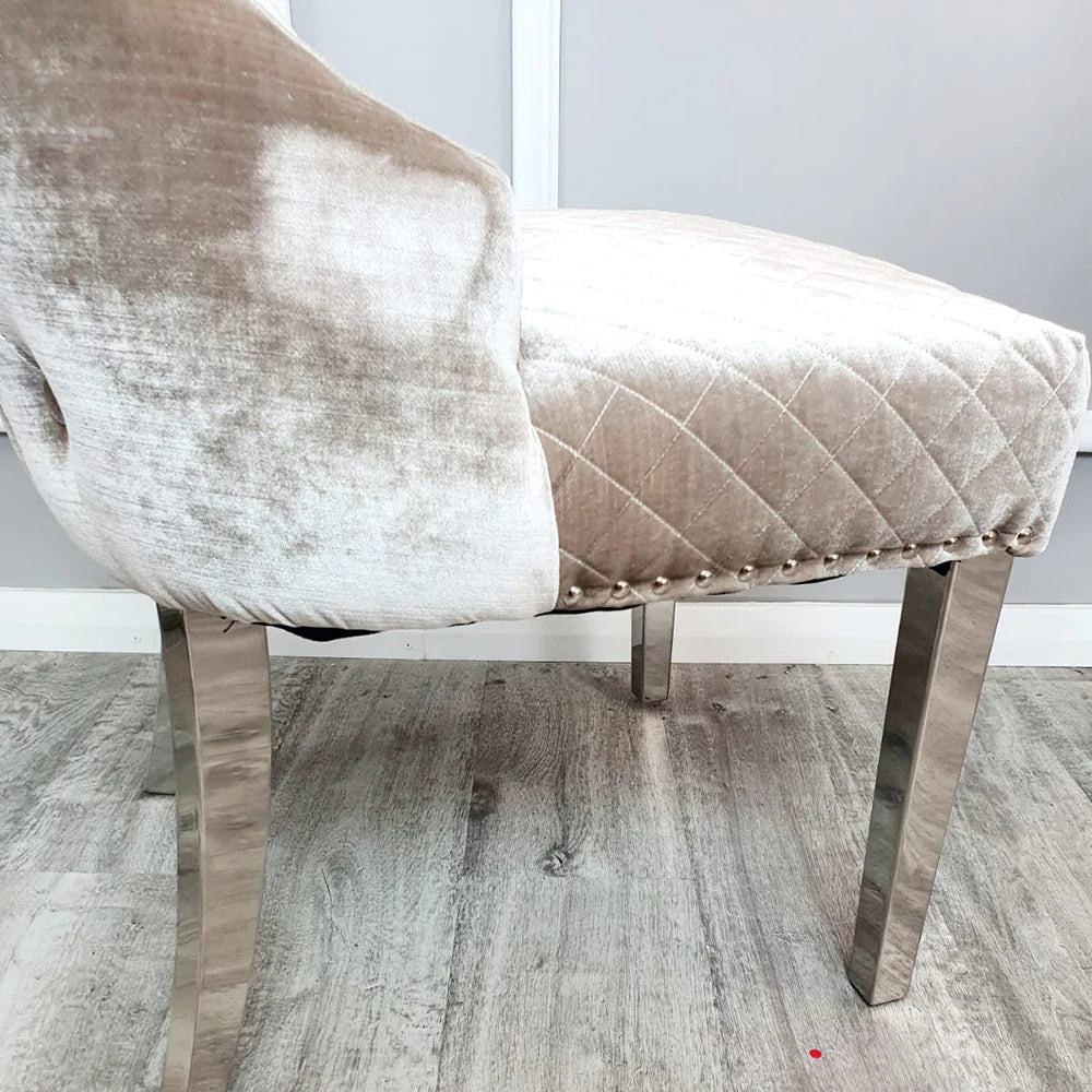 Louis 150cm White Marble Dining Table + Valente Dark Grey Lion Knocker Velvet Chairs - Belmont Interiors