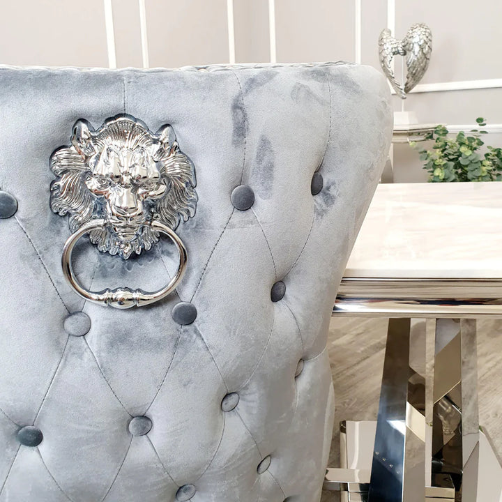 Louis 150cm White Marble Dining Table + Valente Dark Grey Lion Knocker Velvet Chairs - Belmont Interiors