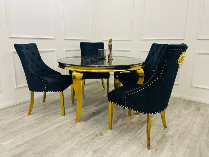 Louis Gold 1.3 Round Dining Table With Gold Lion Knocker Dining Chairs - Belmont Interiors