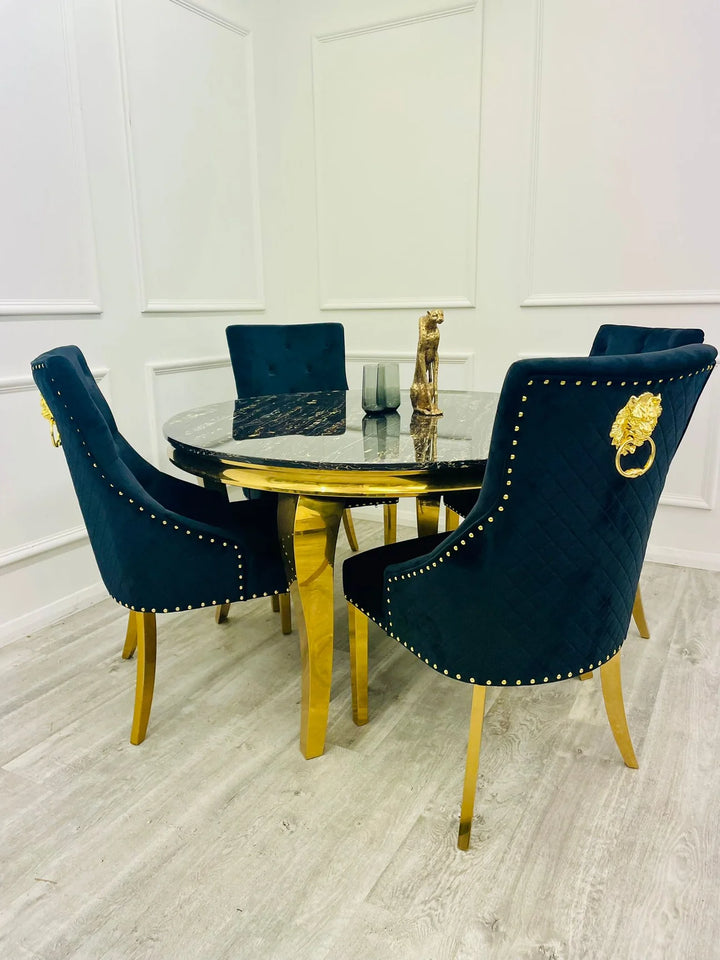 Louis Gold 1.3 Round Dining Table With Gold Lion Knocker Dining Chairs - Belmont Interiors