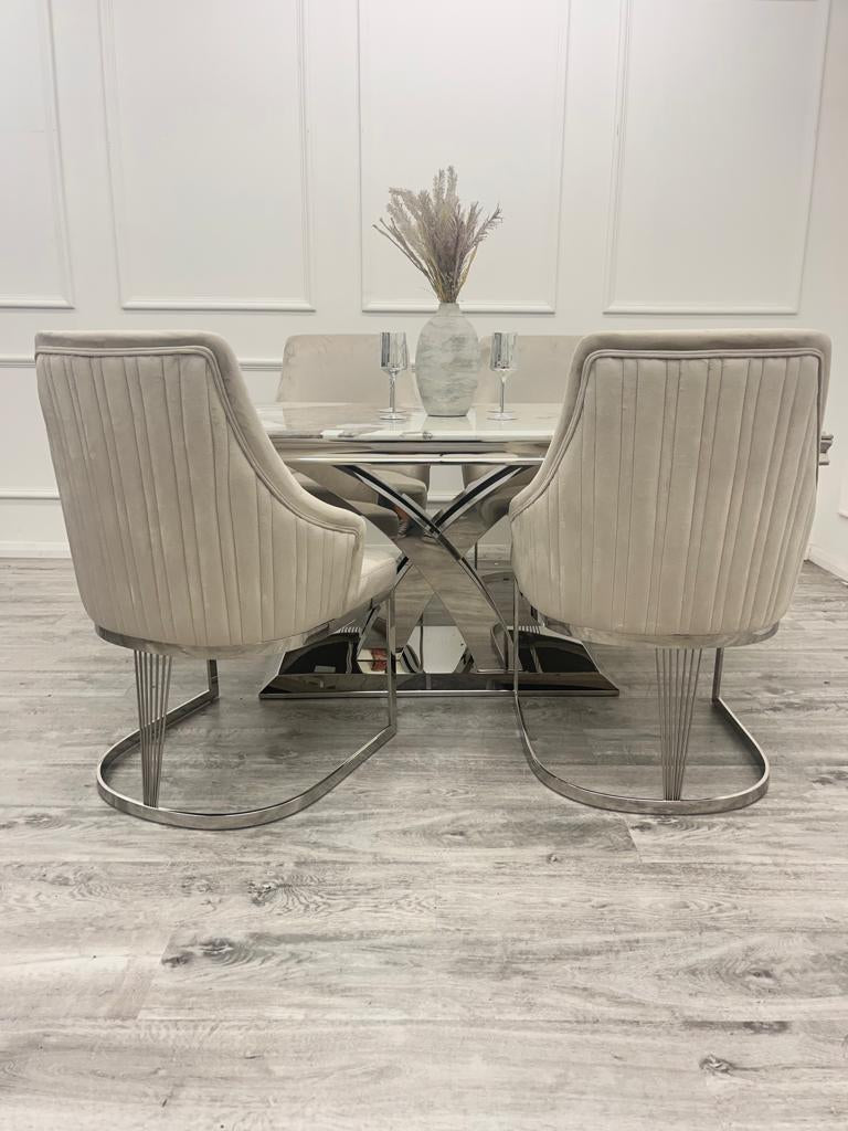 Ottavia 180cm Marble & Chrome Dining Table With Carlton Grey /Chrome Velvet Chairs - Belmont Interiors