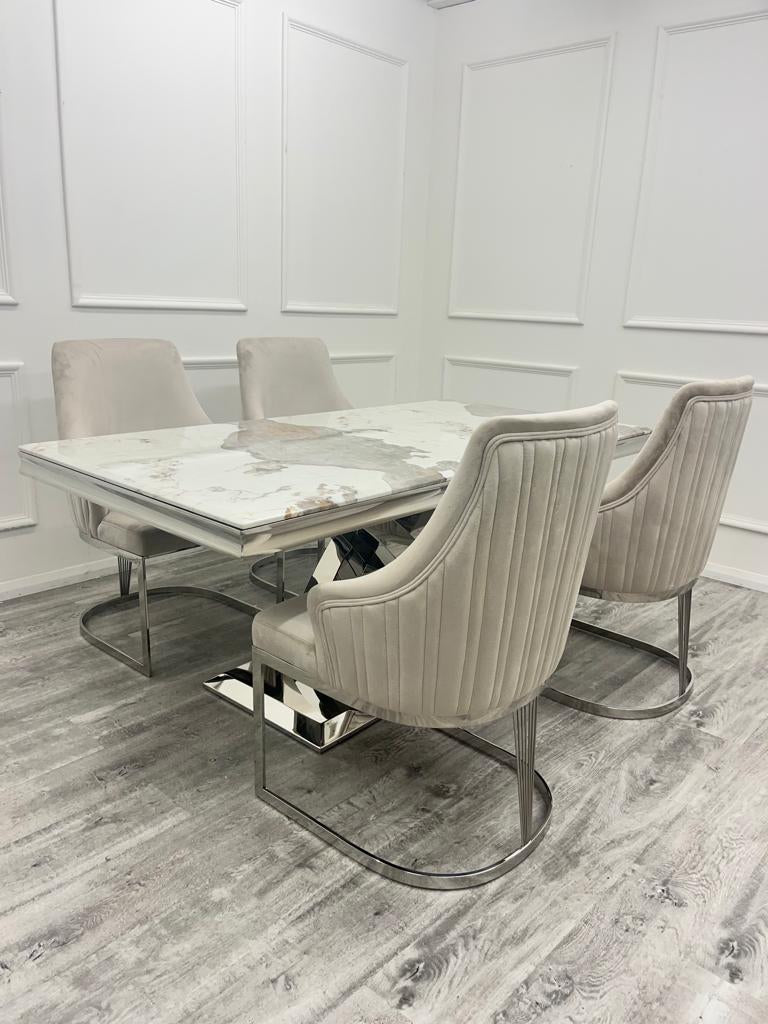 Ottavia 180cm Marble & Chrome Dining Table With Carlton Grey /Chrome Velvet Chairs - Belmont Interiors