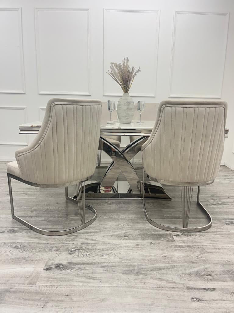 Ottavia 180cm Marble & Chrome Dining Table With Carlton Grey /Chrome Velvet Chairs - Belmont Interiors