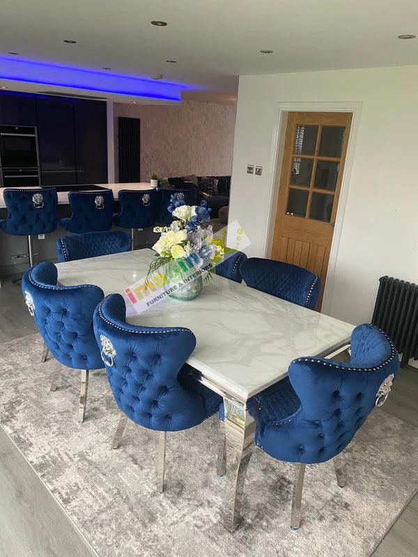 Louis Marble & Chrome Dining Table With Valentino Lion Knocker Velvet Chairs - Belmont Interiors