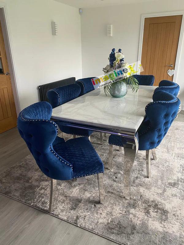 Louis Marble & Chrome Dining Table With Valentino Lion Knocker Velvet Chairs - Belmont Interiors