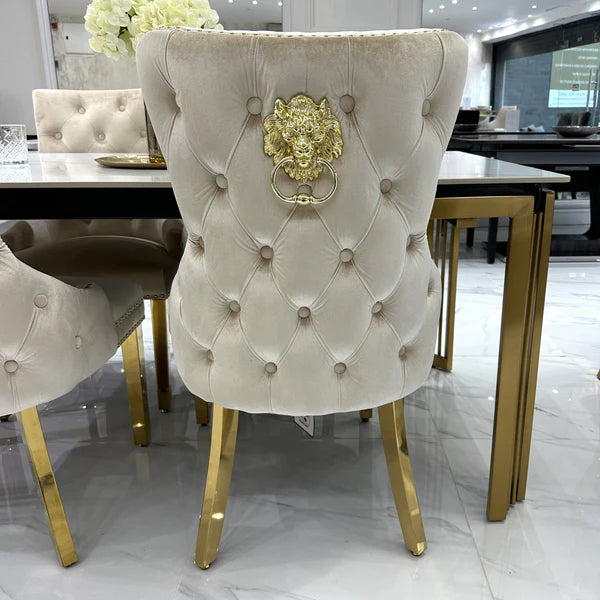 Sorrento 180cm Gold Dining Table with White Ceramic Marble Top + Cream/Gold Ring Knocker Velvet Chairs - Belmont Interiors