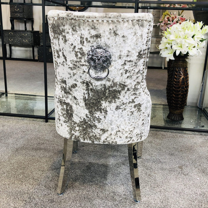 Majestic Lion Knocker Quilted Tufted Plush Velvet Dining Chair Chrome Legs - 10 Colours - Belmont Interiors