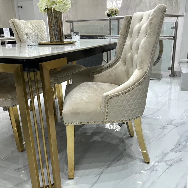 Sorrento 150cm Gold Dining Table with White Ceramic Marble Top + Cream/Gold Ring Knocker Velvet Chairs - Belmont Interiors